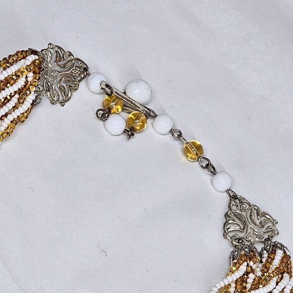 Vintage Multi-Strand Gold & White Beaded Necklace Bracelet & Clip-On Earring Set - Picture 3 of 8